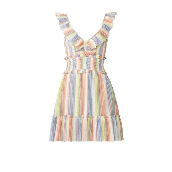 Saylor Alma Rainbow Striped Ruffled V-Neck Sleeveless Mini Dress Size L - Picture 5 of 15